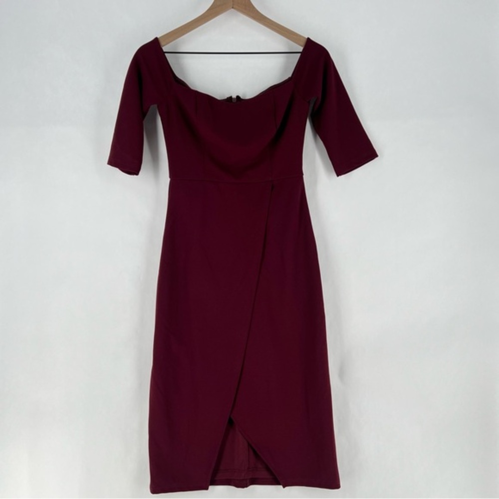 Lulus Burgundy Stretch Crepe Off The Shoulder‎ 3/4 Sleeve Faux Wrap Midi Dress